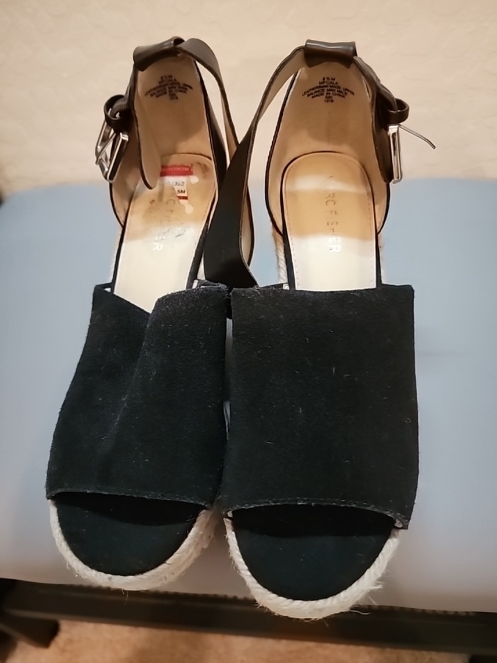 Marc Fisher Black Suede Espadrille Wedge Sandals with Ankle Strap